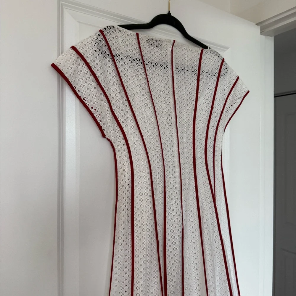 EUC Tory Burch White Eyelet Dress with Red Accents